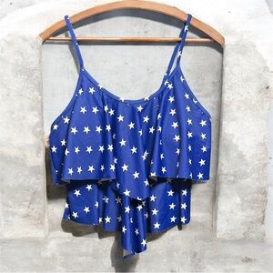 Blue Star Print Ruffle Tankini Top L